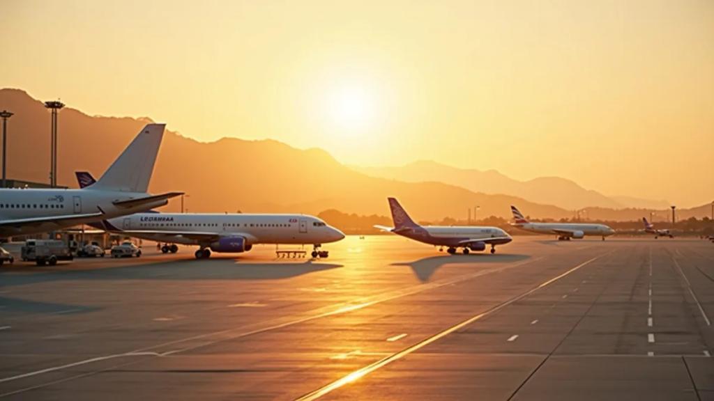 Athens International Airport arrivals hall at golden hour with travelers heading to the metro