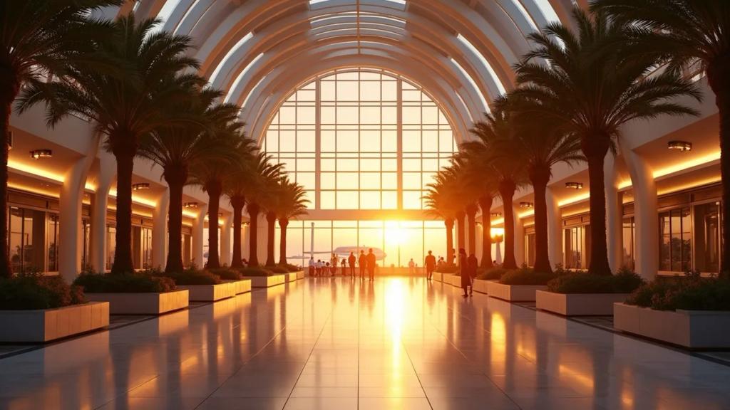 Dubai International Airport concourse at golden hour with travelers passing illuminated departure boards