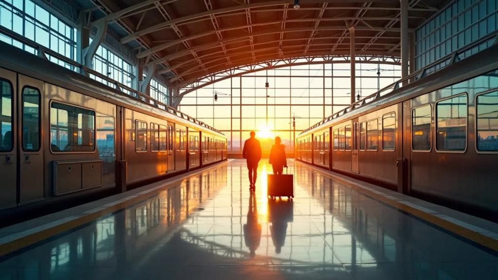 Frankfurt Airport terminal at golden hour with travelers walking toward the train station signs