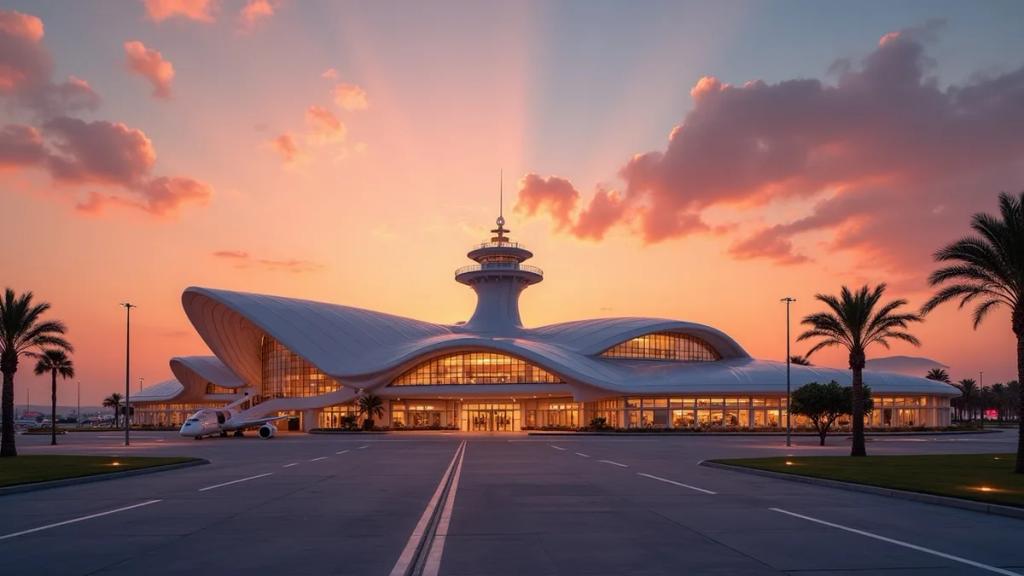 LAX terminal at dusk with the iconic Theme Building pylons glowing and travelers heading to arrivals
