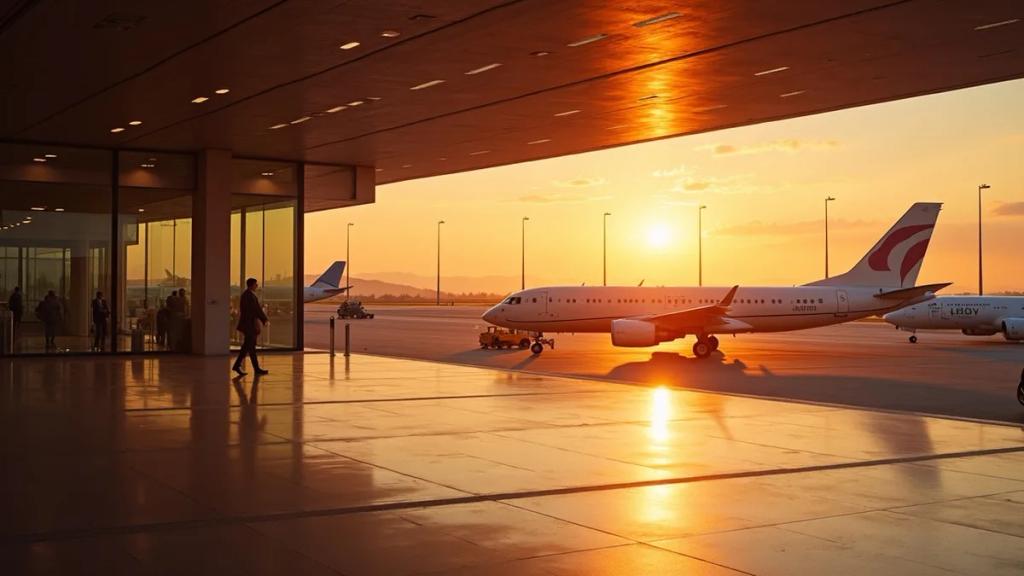 Rome Fiumicino airport terminal with morning light, travelers walking toward the train station signs