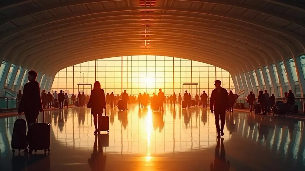Incheon airport terminal at golden hour with travelers walking past the departure boards