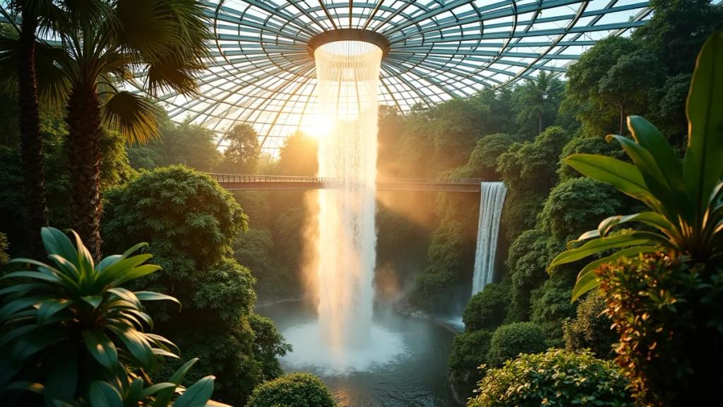 Jewel Changi Airport Rain Vortex waterfall with travelers on the canopy walkways at dusk