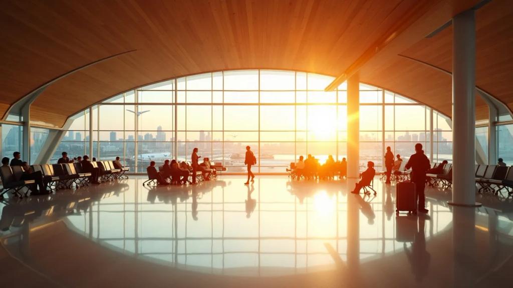 Toronto Pearson airport terminal at golden hour with travelers pulling luggage past departure boards