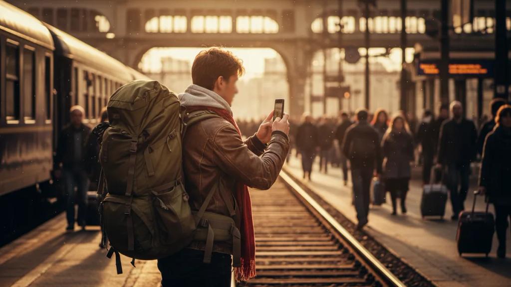 Backpacker checking a phone map at a train station with a large pack