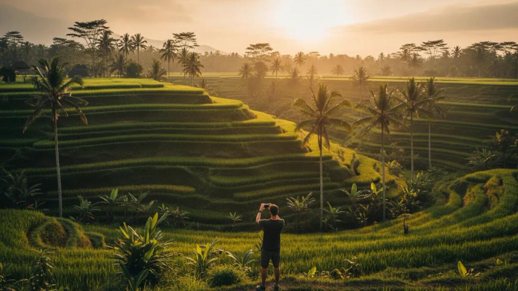 Rice terraces and palm trees on a tropical island under a golden sky
