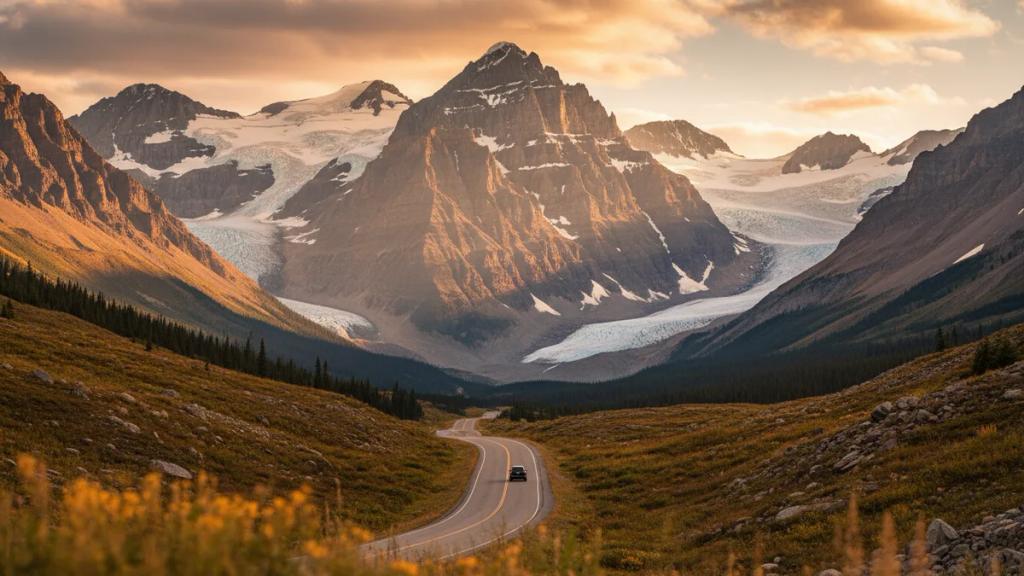 Turquoise mountain lake below snow-capped peaks with a highway winding through pine forest