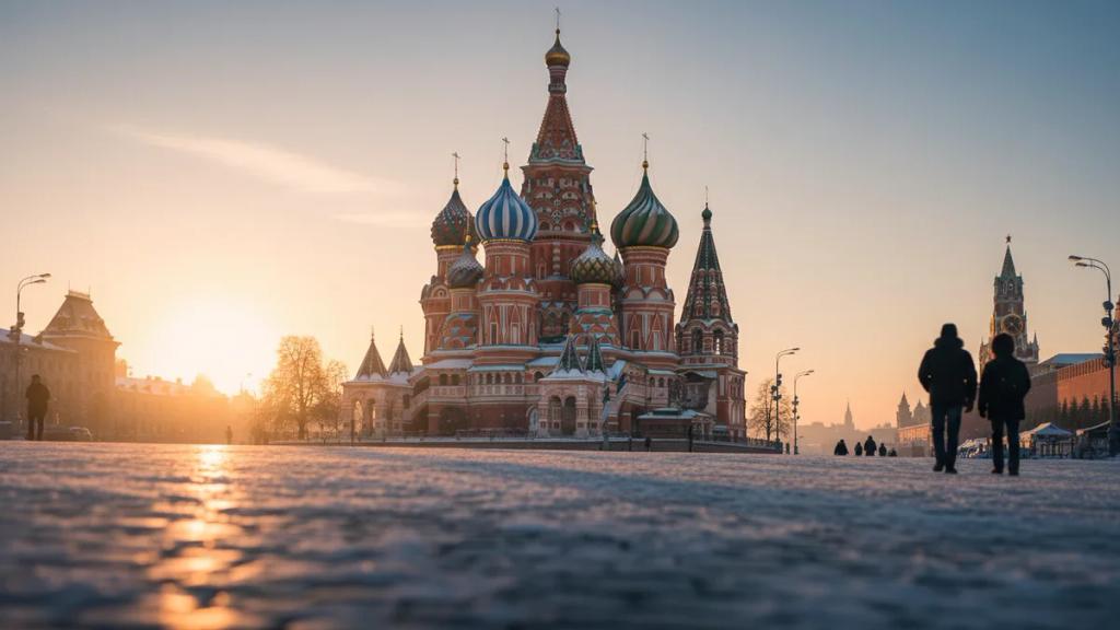 Saint Basil's Cathedral on Red Square under a low winter sun