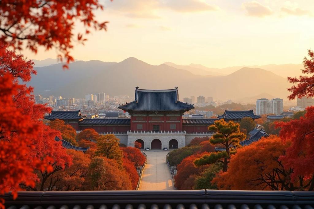 Traditional hanok rooftops of Bukchon Hanok Village with modern Seoul skyline in South Korea