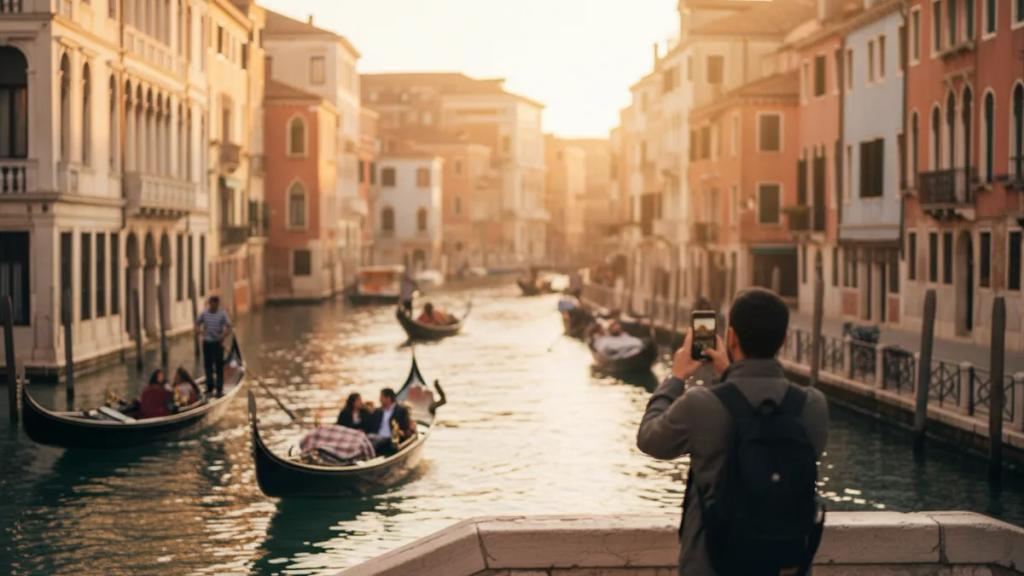 Sunlit canal in a historic Italian city with bridges and pastel buildings