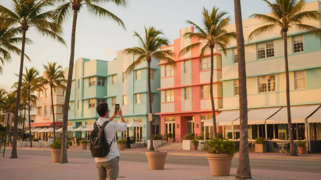 Palm-lined beach boardwalk in a sunny Florida city with theme-park skyline in the distance