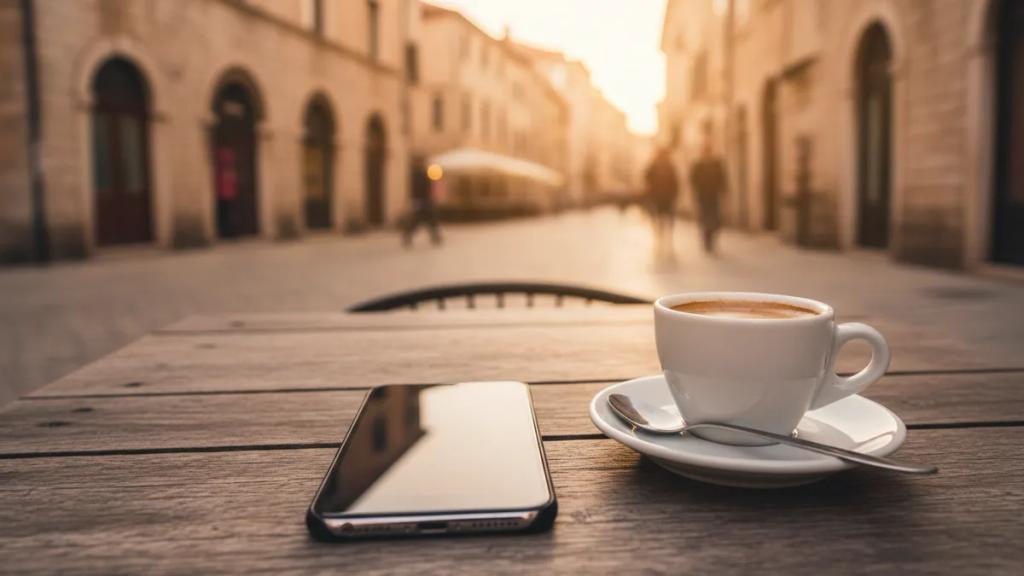 Traveler holding a phone with a map open on a European city street