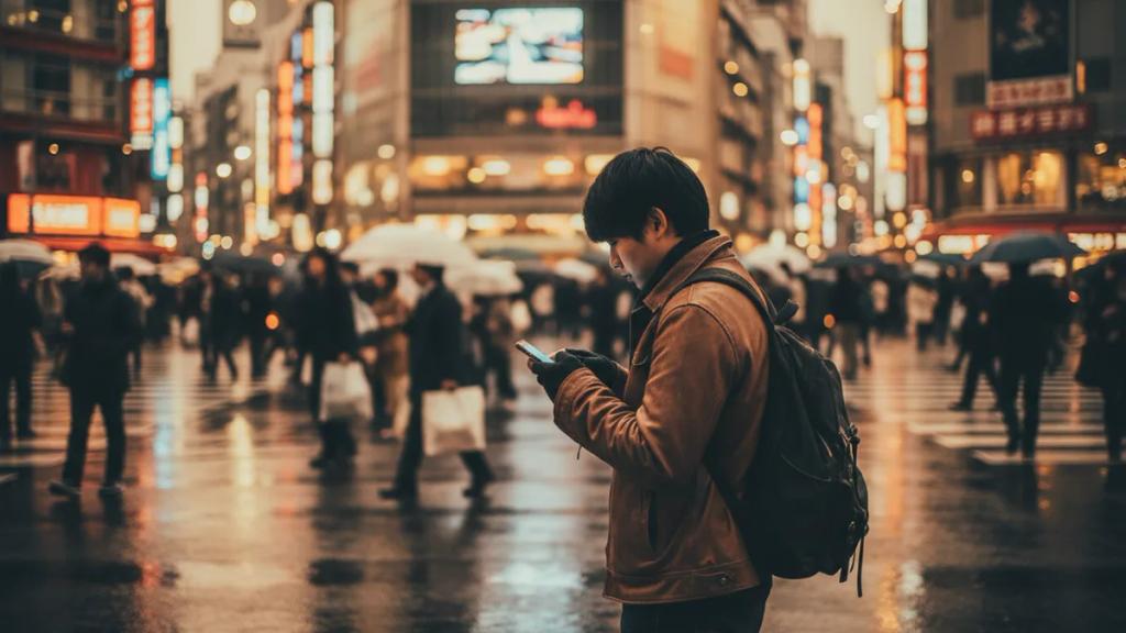 Traveler checking a smartphone at a busy Tokyo crossing at dusk