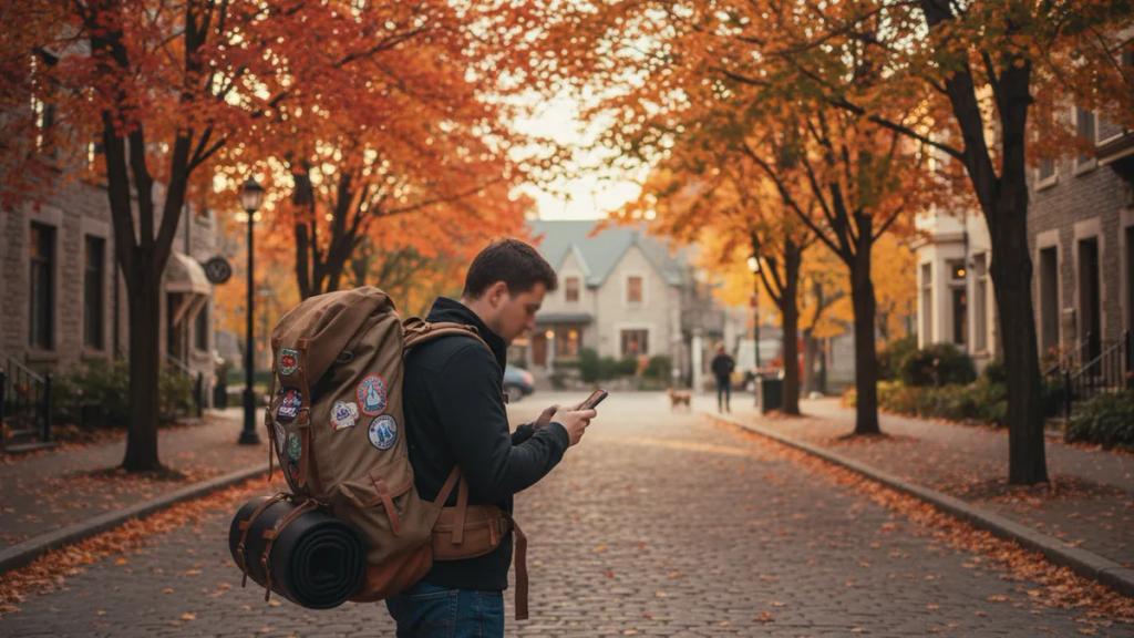 Traveler checking a phone map in front of a Canadian city skyline