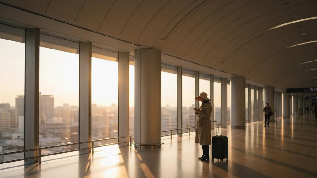 Traveler arriving at a modern Tokyo airport terminal holding a phone with a boarding gate in the background