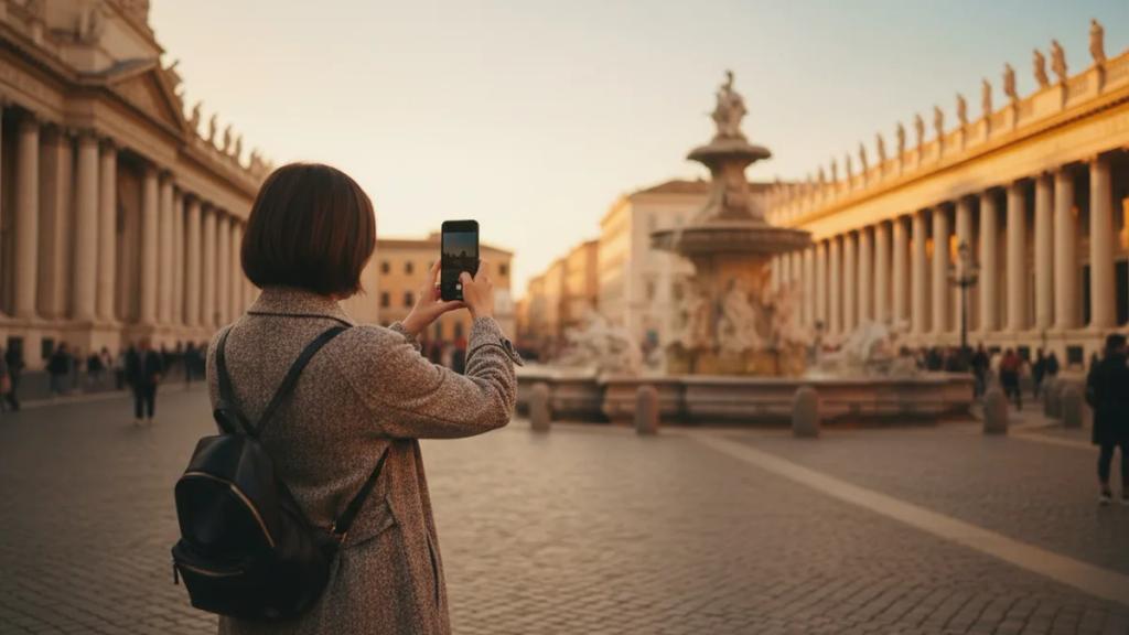 Traveler checking a phone at a European train station with a departure board