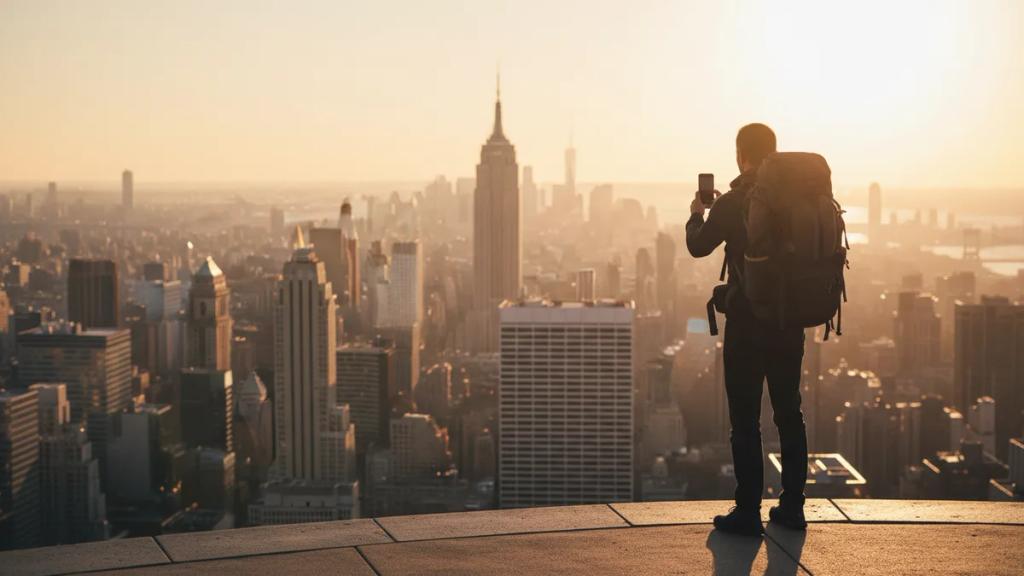Traveler holding a phone showing no signal in front of a US city skyline