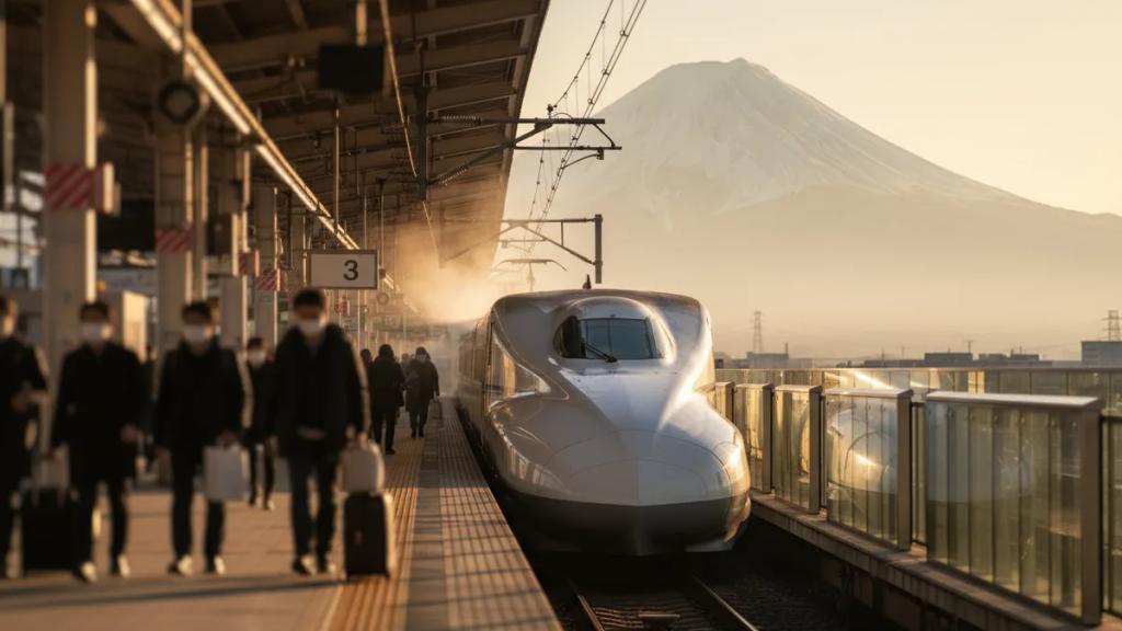 High-speed bullet train pulling into a Japanese station platform with a passenger checking a phone