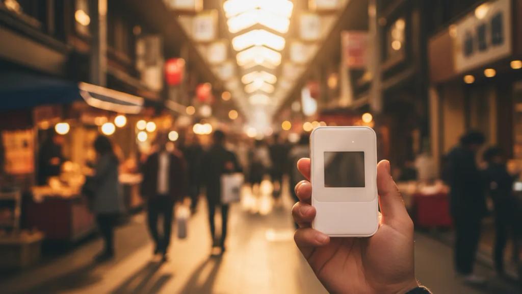 A traveler holding a portable Wi-Fi router on a busy Tokyo street