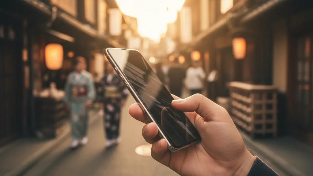 Traveler using a smartphone on a busy Tokyo street at dusk with neon signs