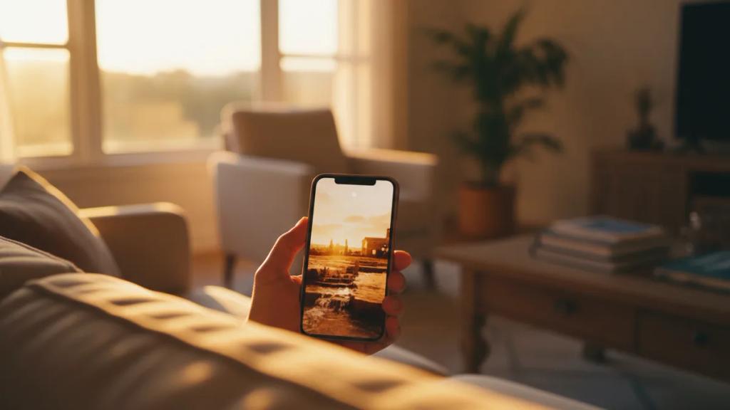 Traveler streaming video on a phone in a bright US city with strong signal bars