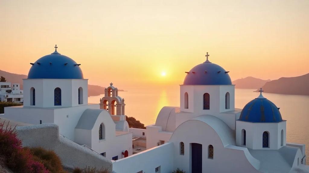 Traveler on a Santorini clifftop at golden hour checking their phone for signal