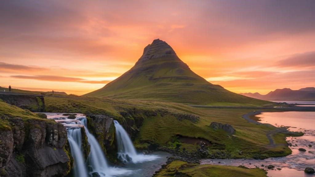 Traveler on Iceland's Ring Road checking their phone with a mountain and waterfall behind them