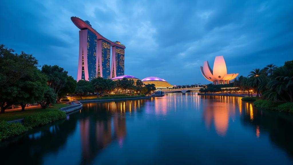 Traveler in front of the Marina Bay skyline in Singapore checking their phone signal at dusk