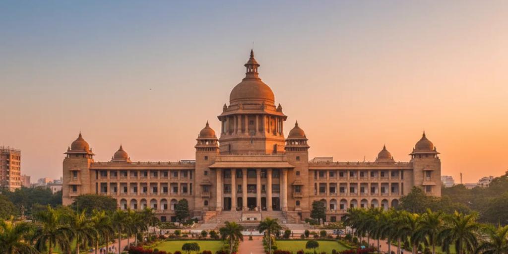 The grand granite facade of Vidhana Soudha rising above manicured gardens in Bengaluru