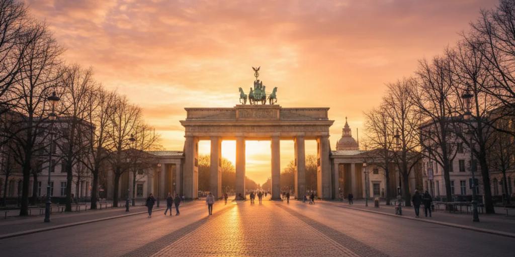 The Brandenburg Gate glowing at golden hour with an empty Pariser Platz in front