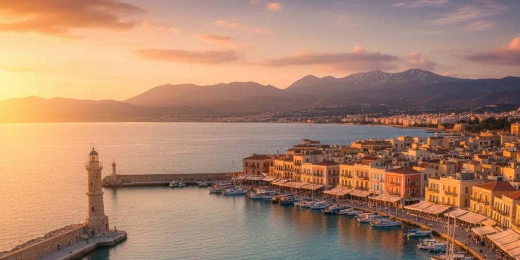 Chania's Venetian harbour at first light, the Egyptian lighthouse reflected in still water