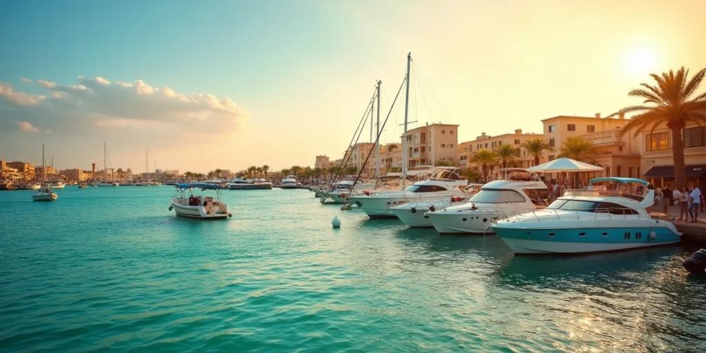 Hurghada's Red Sea marina with dive boats moored along the promenade