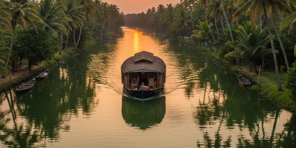 A traditional Kerala houseboat drifting through palm-lined backwaters at sunrise