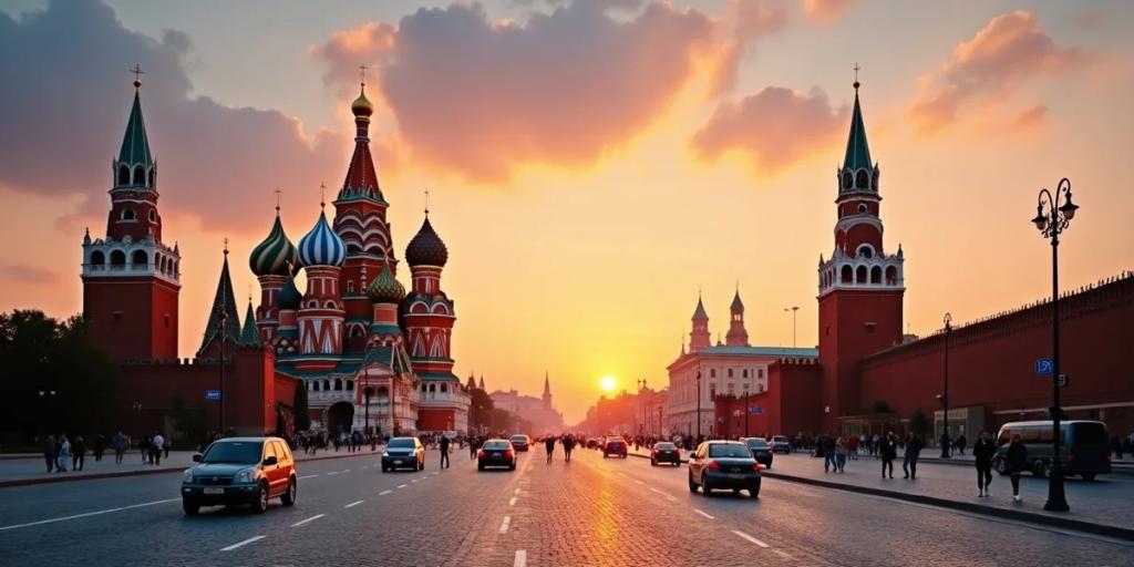 Saint Basil's Cathedral and Red Square at dusk with the metro entrance lit up