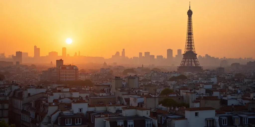 Paris rooftops with the Eiffel Tower rising above Haussmann facades at dusk