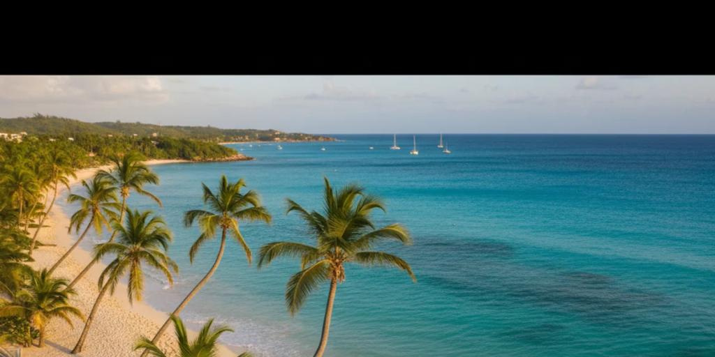 Palm trees leaning over a white-sand Caribbean beach and turquoise water in Punta Cana
