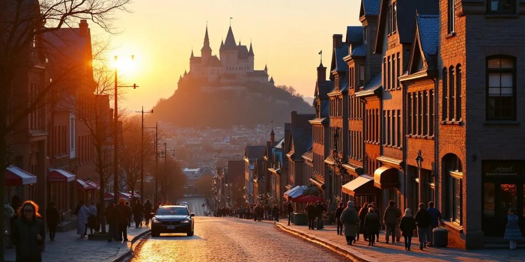 Chateau Frontenac towering over the stone rooftops of Old Quebec above the St. Lawrence River