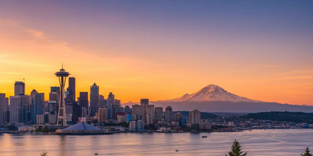 The Space Needle above the Seattle skyline with snow-capped Mount Rainier on the horizon
