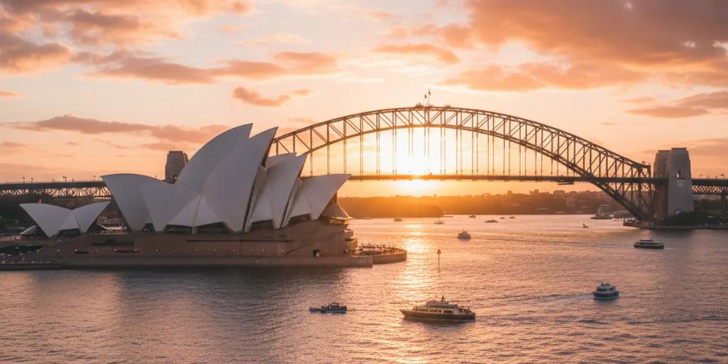 Sydney Opera House and Harbour Bridge glowing at golden hour, seen across the water