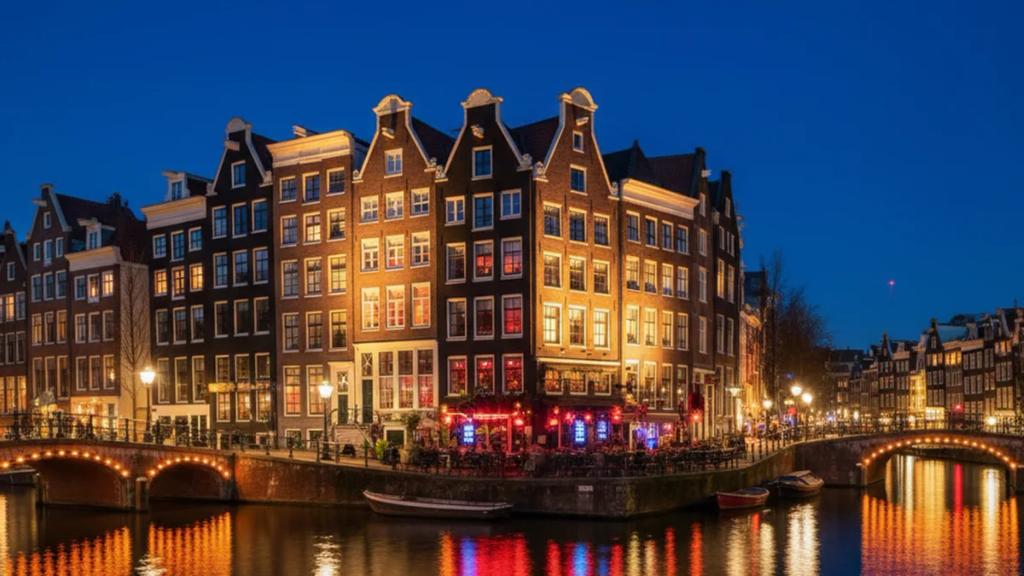 Crowds crossing an Amsterdam canal bridge at night between club venues during Amsterdam Dance Event