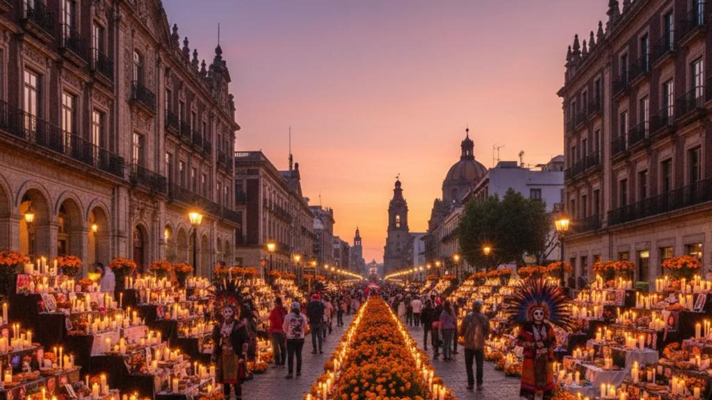 Marigold-covered ofrenda and catrina figures glowing with candles on a Mexico City street at night during Dia de Muertos