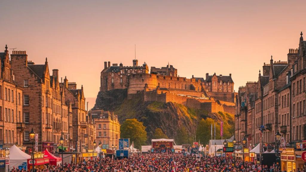 Crowds and street performers on Edinburgh's Royal Mile during the Festival Fringe, with the Old Town skyline behind