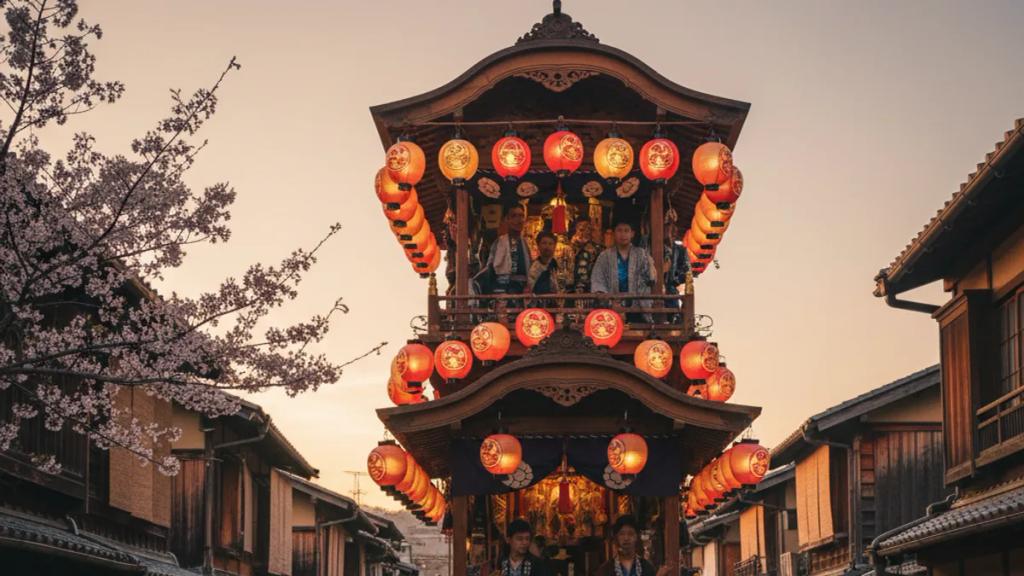 Towering Gion Matsuri hoko float with paper lanterns being pulled along Shijo street in Kyoto at dusk