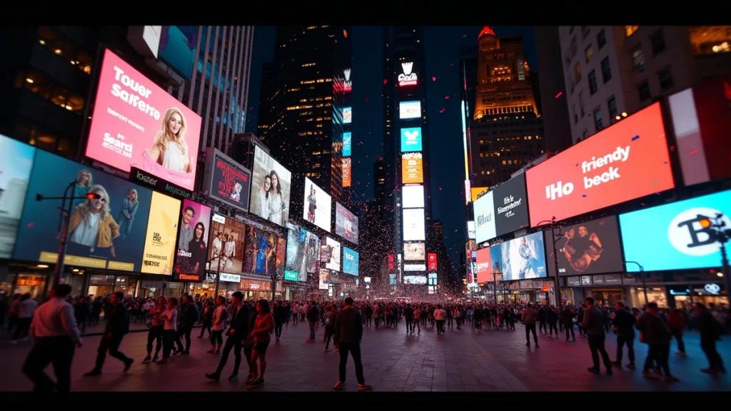 Crowds packed into Times Square at night with illuminated billboards and the New Year's Eve ball atop One Times Square