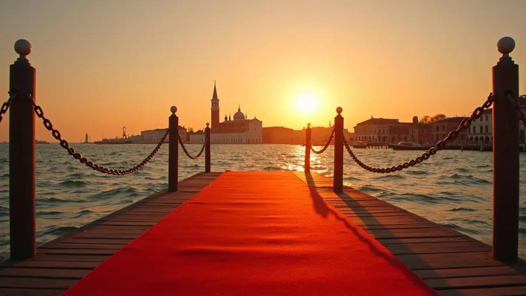 Red carpet crowds outside the Palazzo del Cinema on Venice's Lido at golden hour