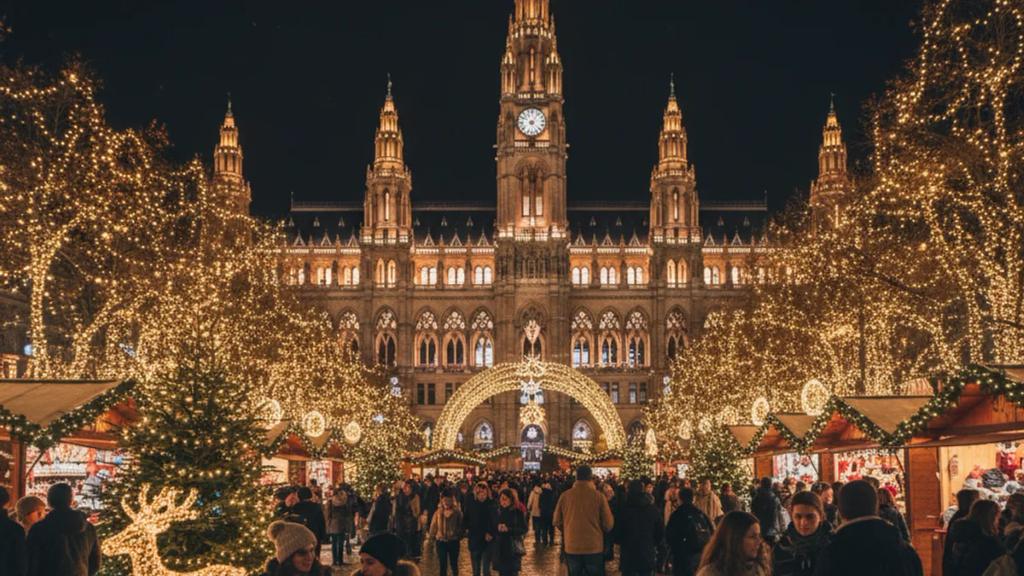 Vienna's Rathausplatz Christkindlmarkt at dusk with the illuminated City Hall behind the market stalls
