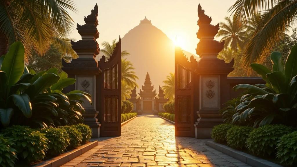 Ngurah Rai airport arrivals area in Bali at golden hour with travelers and tropical architecture