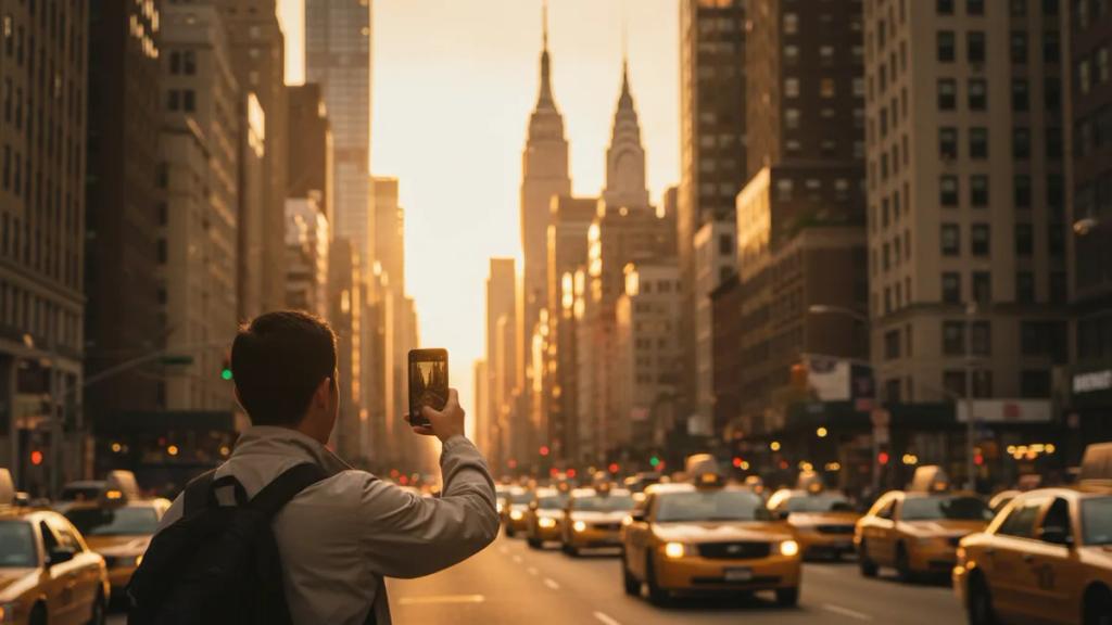 Manhattan skyline at dusk with a traveler checking a phone map on a busy street