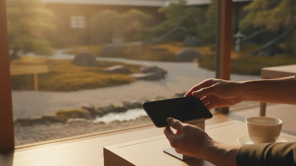An iPhone showing the cellular settings screen next to a Japan travel itinerary and passport