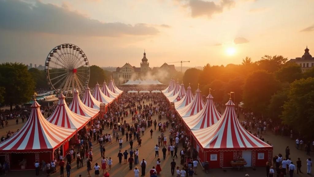 Oktoberfest beer tents and a funfair wheel on the Theresienwiese in Munich at golden hour